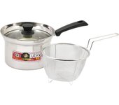 Olla de una mano de metal perlado de 18 cm de profundidad, compatible con IH, tapa de vidrio, colador incluido, acero inoxidable, Chinese House HC-282 plata