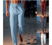 Pantalones de lino y algodón para hombre, pantalones de verano, pantalones de playa, pantalones rectos elásticos con cordón, pantalones casuales cómodos, transpirables, casuales, para uso diario XXL verde claro