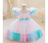Vestido de fiesta con flores de arcoíris para niñas pequeñas, de tul con mangas abullonadas, para primer cumpleaños, boda, princesa, graduación, ropa de dama de honor para bebés 6-9M azul