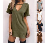 Moda mujer pantalón corto Casual manga cuello en V sólido señoras ahueca hacia fuera Mini vestido S café