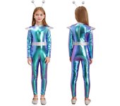 Disfraz de extraterrestre para niñas, cadete espacial holográfico metálico, mono completo para fiesta de Halloween, disfraz de cosplay 5-6 Years azul