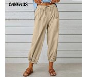Pantalones de verano para mujer, pantalones holgados de cintura alta con botones, pantalones de lino y algodón, pantalones de nueve cuartos, pantalones de pierna ancha para mujer L