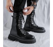 Botas de moto de cuero genuino para hombre, zapatos de lujo, calzado informal de caña alta, botas de punta redonda hechas a mano de alta calidad 38 negro