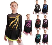 Vestido de patinaje artístico con estampado de lentejuelas y lentejuelas de manga larga para niñas, Ropa de baile de Ballet con recorte en la espalda 5-6 Years de lago verde