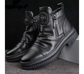Botas de cuero para motocicleta para hombre, estilo británico, cabeza redonda, zapatos altos, cremallera lateral, botas de plataforma informales para caminar 39 negro
