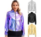 Chaqueta bomber de manga larga metálica brillante, ligera, holográfica y brillante de los años 90 para mujer S azul