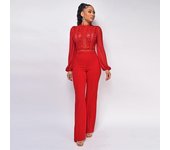 Mono de mujer con cuello alto, encaje, color liso, de gasa, manga larga y cintura alta XXXL rojo