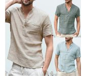 Camiseta de manga corta de verano para hombre, de algodón y lino, informal, con luz LED, polos transpirables para hombre S beige