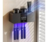 Portacepillos de dientes recargable con luz ultravioleta Pantalla digital Gran capacidad Fácil instalación Organizador de cepillos de dientes montado en la pared gris oscuro