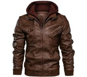 Chaqueta de cuero retro de motocicleta PU chaqueta con capucha extraíble de otoño e invierno para hombre S