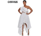 Vestidos de mujer de talla grande con temperamento sexy y gran swing para primavera y verano L blanco