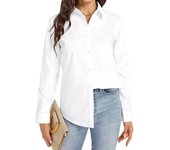 Camisa informal blanca de manga larga con cuello tipo polo, holgada, de largo medio y color liso para mujer L claret