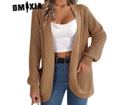 GMXIA Mujer Vintage Casual Color Sólido Otoño Invierno Manga Larga Chaquetas Sueltas Y Bolsillo Suéter De Punto Cárdigan Abrigos S caqui