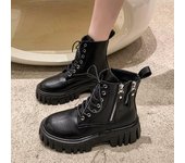 Nuevos zapatos de mujer de color sólido de alta calidad, botas hasta el tobillo para mujer, botas modernas de suela gruesa, punta redonda, cordones, cremallera, tacones altos 35