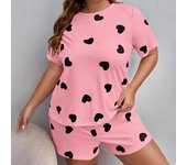 2 unids/set pijamas de verano estampado de corazón de dibujos animados camiseta de manga corta redonda pantalones cortos de cintura elástica señora Plus 3XL color rosa