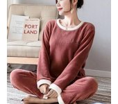 Conjunto de mujer de forro polar grueso y cálido, top liso informal de invierno y pantalones a cuadros, traje suave para casa M color rosa