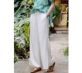 Johnature Mujeres Casual Blanco Pantalones de Pierna Ancha Cinturón Elástico Bolsillos Verano Patchwork Pantalón De Cintura Alta Pantalones L blanco