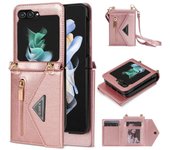 Funda de cuero con cordón cruzado para Samsung Galaxy Z Flip 6, 5, 4, Flip6, Flip5, Flip4, con cremallera, tarjetero Galaxy Z Flip4 negro
