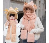 Gorro navideño para adultos, bufanda, guantes, invierno integrado, cálido, astas de dibujos animados, bufanda de felpa para padres e hijos, para niños Child Models