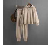 Conjunto de suéter de punto para mujer, conjunto de dos piezas con cuello tipo POLO, Top informal de manga larga y pantalones largos, otoño e invierno One Size caqui