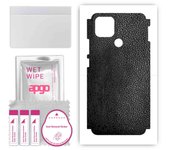 apgo Protective Skin Sticker for the back+sides compatible with Oppo A15, Full Wrap Film, Foil, Vinyl - Pattern Black Leather