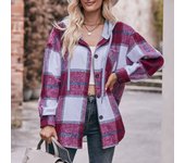 Chaqueta con capucha de otoño e invierno para mujer Camisa informal de cuadros de longitud media S borgoña