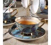 Juego de Taza de cerámica de estilo europeo, platillo y cuchara, tazas de té de porcelana de hueso, pequeños diseños florales, blancos, rosas y azules, utensilio de cocina para el hogar Birdy Floral Blue