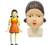 Juego de calamar Robot muñeca estrella máscaras de Cosplay para adultos aterradora niña amarilla máscara de látex de cara completa de Halloween One Size