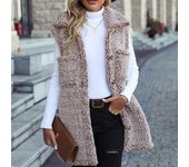 Otoño e Invierno Chaleco de Mujer Solapa Sin Mangas Largo Suelto Casual Descolorido Burbuja Terciopelo Cardigan Chalecos S marrón claro