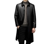 Chaqueta cortavientos de cuero genuino de longitud media para hombre, abrigo largo de cuero con solapa informal de negocios para hombre, novedad de otoño e invierno S negro
