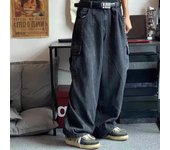 Pantalones vaqueros holgados para hombre, pantalones vaqueros negros anchos, pantalones cargo de gran tamaño, ropa de moda coreana para hombre, pantalones de chándal XXXL negro