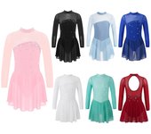 Vestido de malla transparente con brillantes diamantes de imitación para niñas, mangas largas, abertura en la espalda y escote tipo cerradura para patinaje artístico sobre hielo, ballet y danza 5-6 Years negro