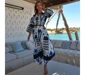 2021 Bikini Cover-up Elegante cuello en V 3/4 Manga Auto cinturón Ropa de mujer Vestido de verano Túnica Traje de playa Traje de baño Cubierta Q1345 one size azul