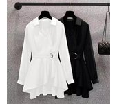 Camisa de mujer con solapa, manga larga, cintura ajustada, cinturón, pulóver, color sólido, dobladillo irregular, camisa de largo medio L blanco