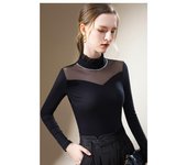 Blusa de manga larga con cuello de volantes y parte inferior de malla con cuello de otoño e invierno para mujer S negro