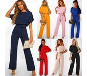 Mono elegante de manga corta con lazo en la cintura para mujer, pantalones de pierna ancha lisos, mono, pantalones cortos de pierna ancha XL rojo