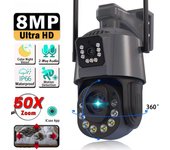 Cámara de vigilancia WIFI con lente dual de 8 MP y 50 aumentos de visión óptica, detección de movimiento para exteriores, CCTV inalámbrica, cámara IP de seguridad con video inteligente ICSee 8MP Camera