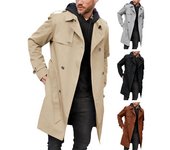 Hombres Otoño Invierno Color sólido rompevientos solapa manga larga bolsillos cruzados cinturón ajustado abrigo largo ropa de calle 2XL
