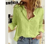 GMXIA Camisetas holgadas y camisas de lino con cuello tipo POLO de manga larga con estampado de Color sólido informal a la moda para mujer S blanco