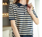 DAFIFY Blusas y camisas de cuello tipo polo de manga corta con estampado de rayas de verano y primavera para mujer S azul