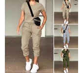 Conjunto deportivo de manga corta para mujer, top informal de cuello redondo y pantalones deportivos con cordón y bolsillos, conjunto deportivo de dos piezas para mujer M