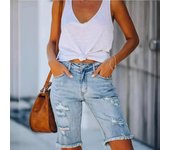 Pantalones cortos de mezclilla lavados de verano con agujeros y cintura media, rectos, sin elasticidad, de cinco puntos para mujer 2XL azul claro