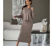 Conjunto de falda de punto suelta informal para mujer, moda Otoño Invierno, cuello POLO, jersey de manga larga, falda con cordones, conjuntos de 2 piezas One Size caqui
