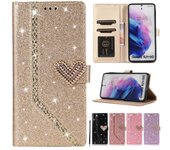 Funda tipo billetera con polvos de purpurina y corazón de diamante con ranuras para tarjetas, marco de fotos para iPhone, Samsung, Huawei, funda con tapa y soporte iPhone 12/12 Pro color rosa