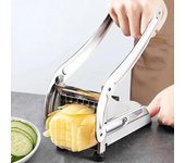 Cortador de Patatas Fritas Multifunción Picador de Verduras y Frutas con 2 Cuchillas de Acero Inoxidable para Hacer Patatas Fritas y Chips, Rebanador de Patatas plata