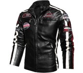 Chaqueta de cuero de invierno para hombre, chaquetas Retro de terciopelo de Pu con cuello levantado para motocicleta, abrigos con cremallera y estampado bordado de talla grande para hombre XXXL