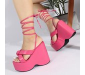 Sandalias de plataforma con cuña y cordones cruzados en el tobillo para mujer, zapatos de verano con punta abierta y tacones altos gruesos para fiesta y baile 35 negro