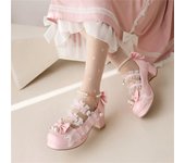 Zapatos de tacón Kawaii Lolita de charol para mujer, punta redonda, tacones medios gruesos, cuentas de lazo, zapatos de Cosplay para primavera y otoño 33 negro