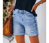Pantalones cortos vaqueros de mujer de cintura alta rotos con puño Pantalones cortos vaqueros de verano desgastados elásticos Hot Short Jeans XL azul claro