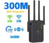 Repetidor WiFi inalámbrico de 300Mbps Amplificador WiFi Amplificador de señal Extensor de Wi-Fi de Doble Banda 2.4G 5G Enrutador de Red WPS Gigabit 802.11ac con 4 Antenas EU Plug negro